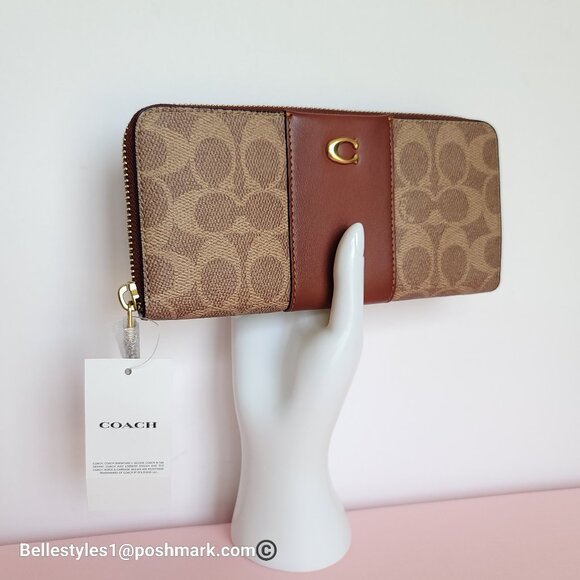 COACH Slim Accordion Zip Wallet In Signature Canvas with Back Slip Pocket-Tan ⭐ - Picture 2 of 16